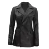 Double Breasted Notch Collar Black Leather Coat For Womens