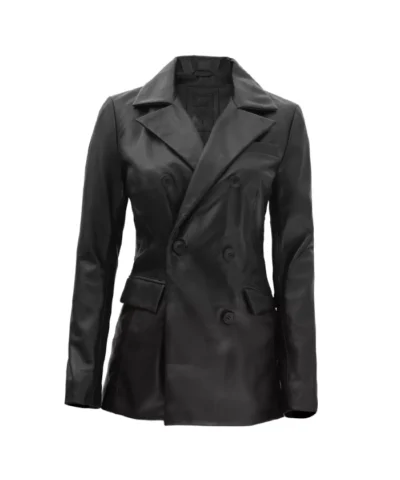 Double Breasted Notch Collar Black Leather Coat For Womens