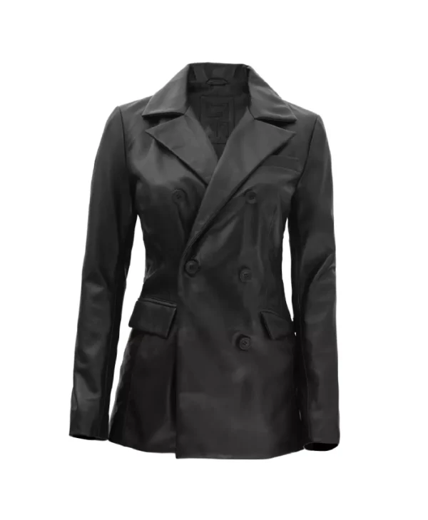 Double Breasted Notch Collar Black Leather Coat For Womens