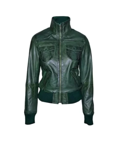 Green Leather Bomber Jacket For Women’s
