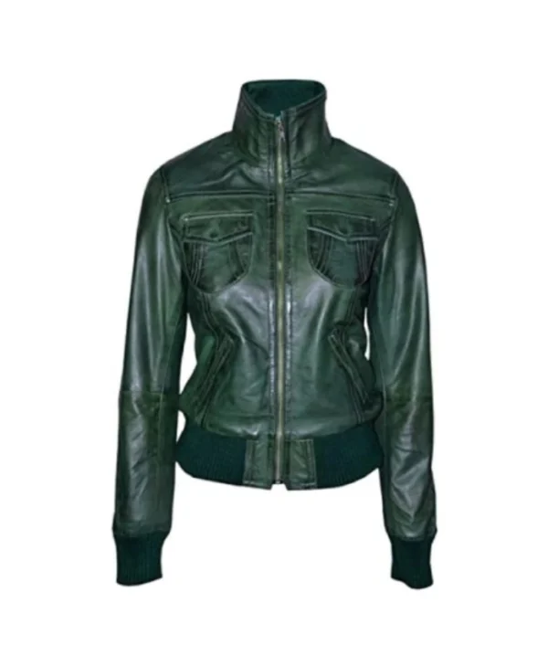 Green Leather Bomber Jacket For Women’s
