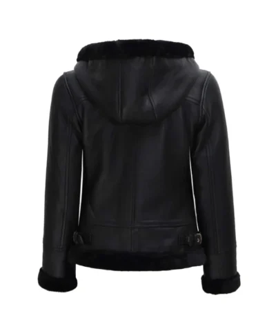 Womens Black Leather Hooded Shearling Jacket