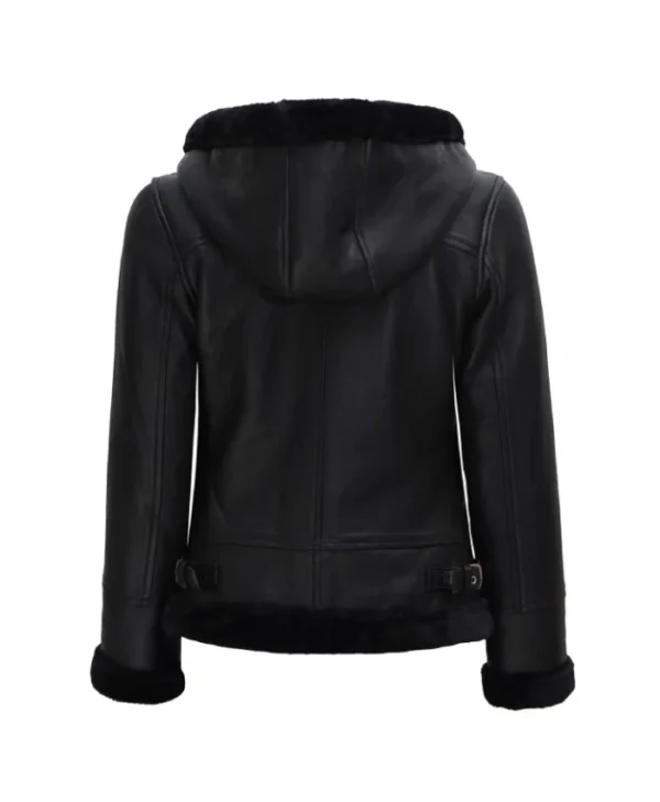 Womens Black Leather Hooded Shearling Jacket