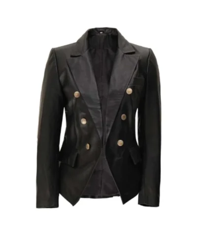 Double Breasted Black Leather Blazer For Women’s