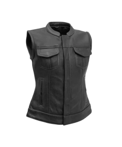 Shop Women’s Mandarin Collar Black Leather Vest