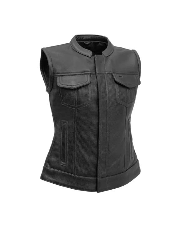 Shop Women’s Mandarin Collar Black Leather Vest