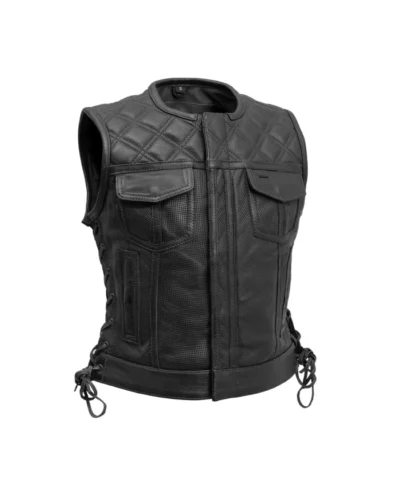 Women’s Motorcycle Flap Pockets Black Biker Leather Vest