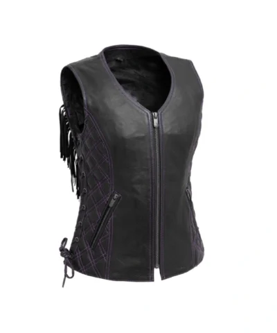Women’s Motorcycle Black Fring Zip-Up Leather Vest