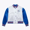 WhiteBlue Women’s Philadelphia 76ers Full-Snap Satin Cropped Jacket