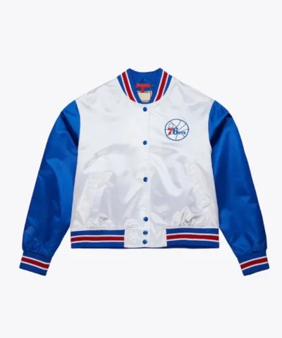 WhiteBlue Women’s Philadelphia 76ers Full-Snap Satin Cropped Jacket