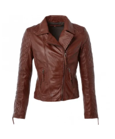 Quilted Zip-Up Brown Leather Jacket For Womens