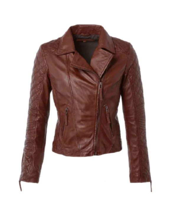 Quilted Zip-Up Brown Leather Jacket For Womens