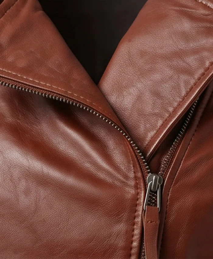Womens Quilted Sleeves and Zip-Up Brown Leather Jacket
