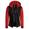 Women's Red and Black Varsity Letterman Jacket with Hood