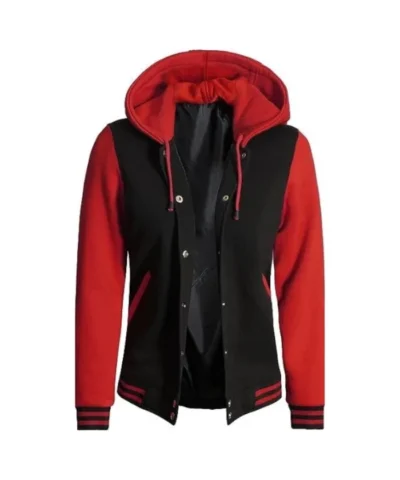 Women's Red and Black Varsity Letterman Jacket with Hood