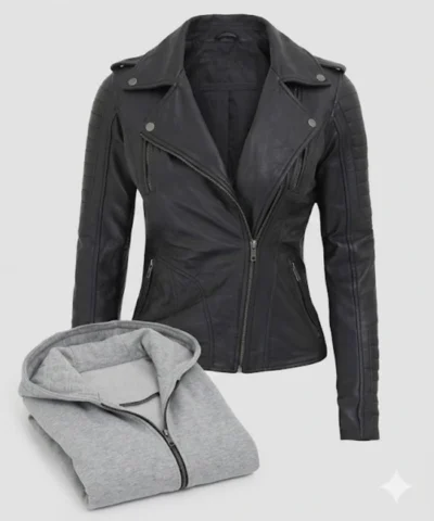 Womens Removable Hood Black Biker Lambskin Leather Jacket