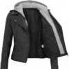 Womens Removable Hood Black Biker Leather Jacket Front View