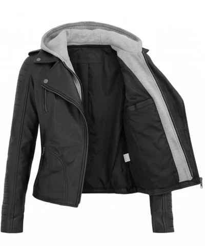 Womens Removable Hood Black Biker Leather Jacket Front View