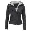 Asymmetrical Black Leather Jacket For Women’s with Removable Hooded