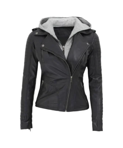 Asymmetrical Black Leather Jacket For Women’s with Removable Hooded