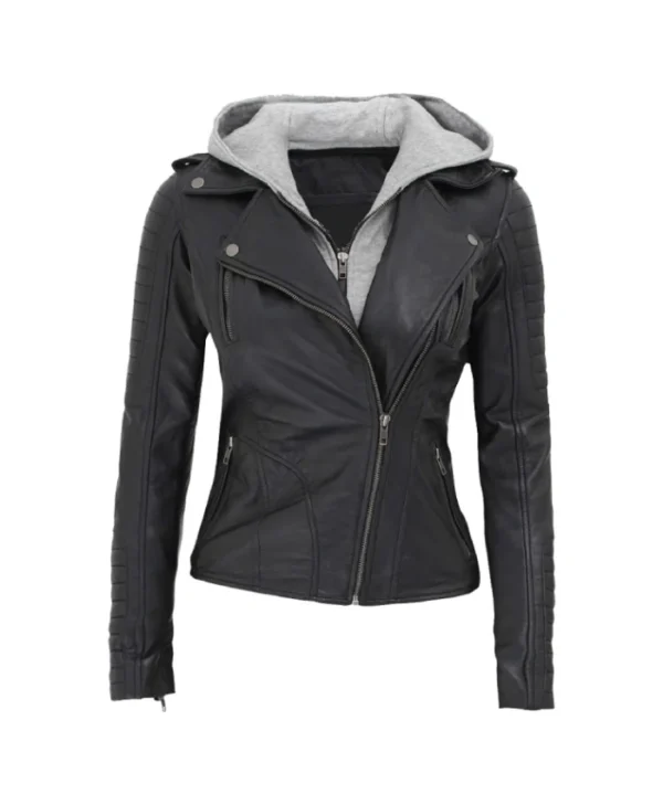 Asymmetrical Black Leather Jacket For Women’s with Removable Hooded