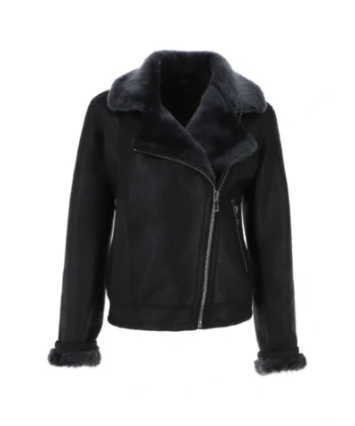 Womens Shearling Aviator Black Leather Jacket
