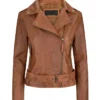 Womens Tan Brown Asymmetrical Biker Leather Jacket Front View