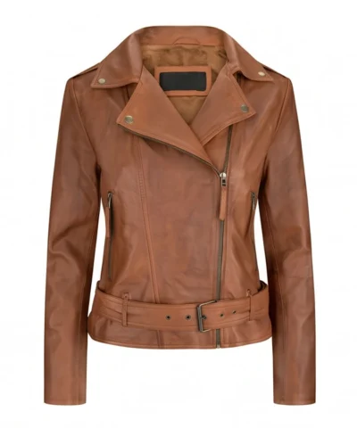 Womens Tan Brown Asymmetrical Biker Leather Jacket Front View