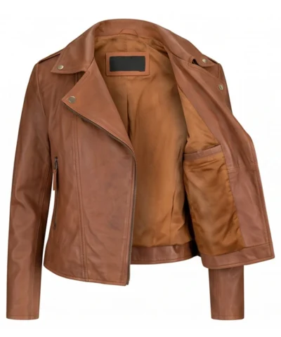 Womens Tan Brown Biker Leather Asymmetrical Jacket