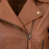 Womens Tan Brown Biker Leather Asymmetrical Jacket Detailed Front and collar
