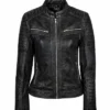 Womens Vintage Distressed Biker Black Leather Jacket