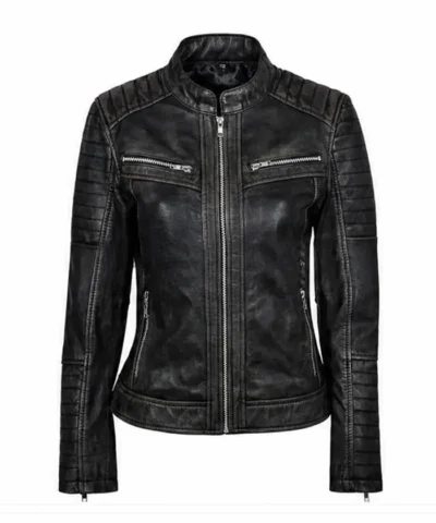 Womens Vintage Distressed Biker Black Leather Jacket