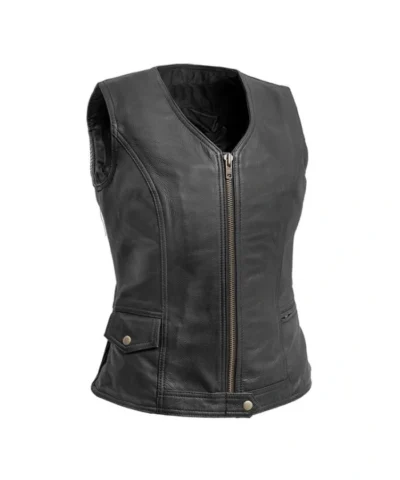 Women’s Zipper Biker Club Black Leather Vest