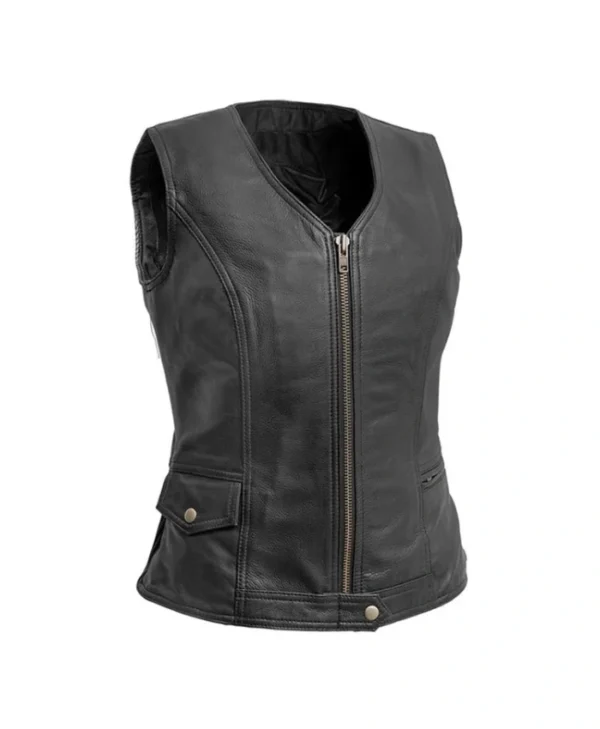 Women’s Zipper Biker Club Black Leather Vest