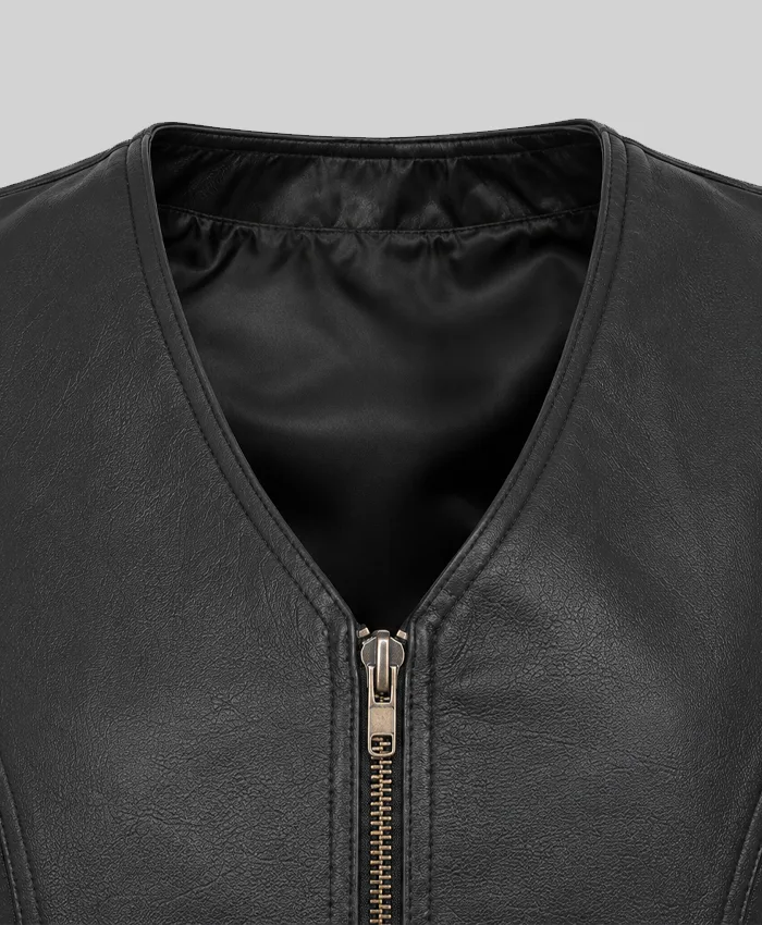 Zipper Biker Leather Black Vest For Womens