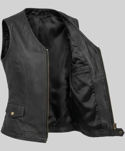 Zipper Black Biker Leather Vest For Women