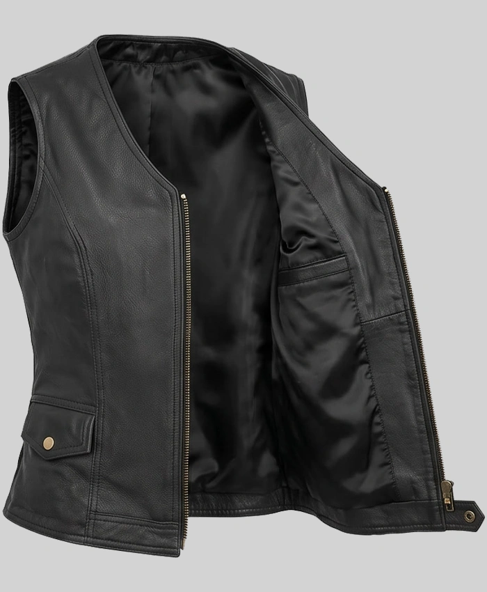 Zipper Black Biker Leather Vest For Women