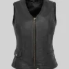 Zipper Black Biker Leather Vest For Womens