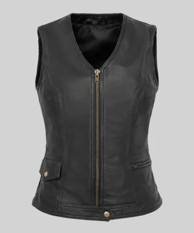 Zipper Black Biker Leather Vest For Womens