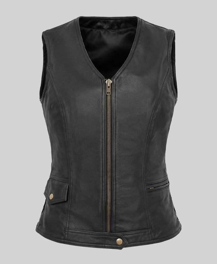 Zipper Black Biker Leather Vest For Womens