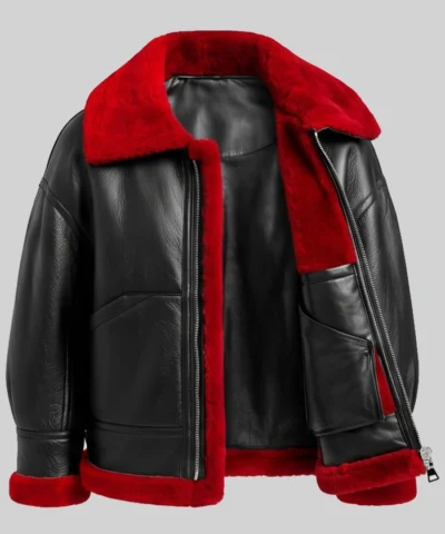 Aviator Red Shearling Black Leather Jacket For Women