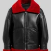 Aviator Red Shearling Black Leather Jacket For Womens