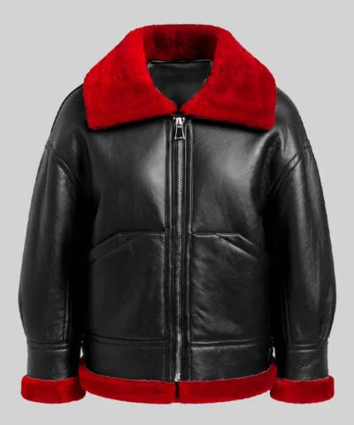 Aviator Red Shearling Black Leather Jacket For Womens