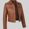 Brown Cropped Button-Up Leather Jacket For Women