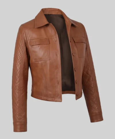 Brown Cropped Button-Up Leather Jacket For Women