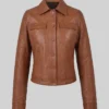 Brown Cropped Button-Up Leather Jacket For Womens