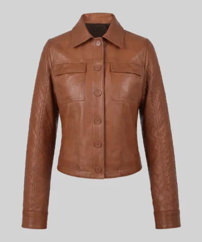 Brown Cropped Button-Up Leather Jacket For Womens