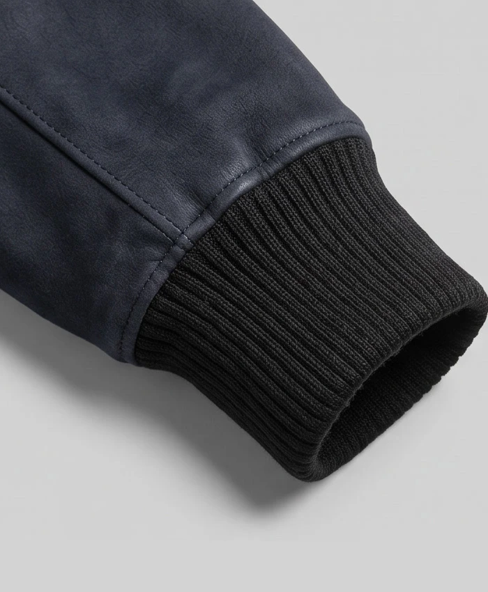 Close Up Rib Knit Cuff Mens Dark Blue Bomber Suede Jacket