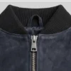 Close Up Ribbed Collar with Front Zip Closure Dark Blue Suede Bomber Jacket