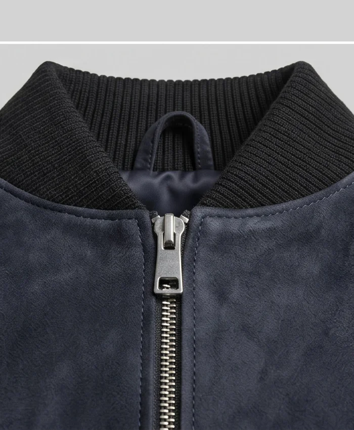 Close Up Ribbed Collar with Front Zip Closure Dark Blue Suede Bomber Jacket